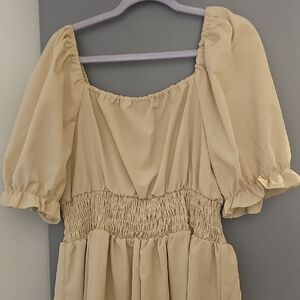 Beige Puff Sleeve Smocked Waist Dress